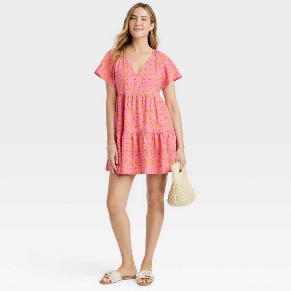 Women's Flutter Short Sleeve Mini Skater Dress - Universal Thread™ Pink Floral M
